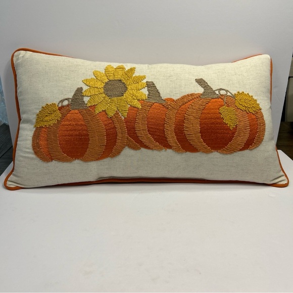 DEVI Designs Embroidered Decorative Pillow Pumpkin Sunflower Fall Zippered 26x14 - Picture 1 of 6